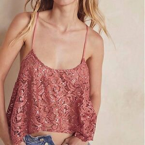 NWOT Free People Best Idea Cami Sequin Lace Cropped Tank Scoop Neck XS Flirty